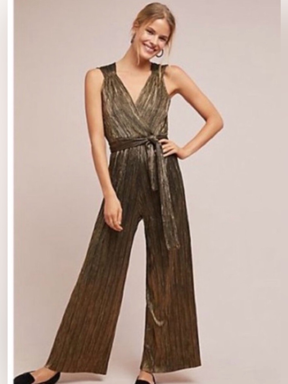 Anthropologie Vanessa Virginia Pont Neuf Jumpsuit Metallic Gold Belted Stretch S